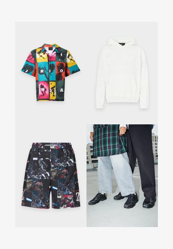 Sweat à capuche blanc avec une texture douce, doté d'une poche frontale et d'un motif discrètement en relief composé de texte sur le tissu.; Chemise à manches courtes boutonnée avec un motif quadrillé coloré comprenant des silhouettes de basketball noires et des lettres blanches formant le mot « JORDAN ».; Shorts de basketball noirs présentant un collage de photos d'action et de graphismes, confectionnés dans un matériau respirant avec une ceinture élastique.; Baskets de sport noires avec des accents en mesh et en caoutchouc. Portées avec un jean large gris clair et un haut à carreaux vert. Fond à surface plane.