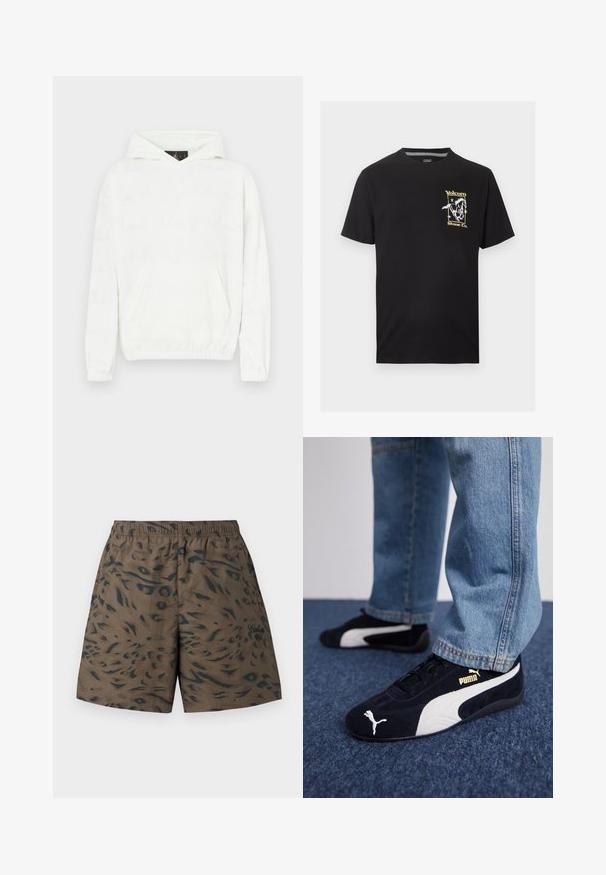 Sweat à capuche blanc avec une texture douce, doté d'une poche frontale et d'un motif discrètement en relief composé de texte sur le tissu.; T-shirt noir à manches courtes avec un petit motif jaune et blanc d'un cheval au galop et le texte "Volcom Stone Co." sur le côté gauche de la poitrine.; Short marron avec imprimé animal abstrait foncé, taille élastique, poches latérales et petit texte brodé sur la jambe droite.; Baskets en daim noir avec accents blancs, arborant un logo doré. Portées avec un jean en denim bleu clair et posées sur une surface bleue texturée.