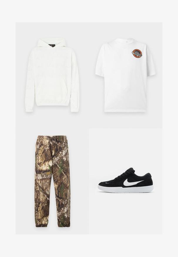 Hvid hættetrøje med blød tekstur, der har en frontlomme og et subtilt, præget tekstmønster på stoffet.; Hvid T-shirt med korte ærmer og et lille rundt rumtema-badge med en raket og teksten "High Balance Athletics Since 1908" på brystet.; Camo sweatpants med et brunt og grønt naturligt mønster, der har en elastisk talje med snore og elastiske manchetter ved anklerne.; Sorte ruskindssneakers med hvide accenter, der har en rund tå, tyk hvid sål og sorte snørebånd. Fremtrædende hvidt Nike-logo på siden.