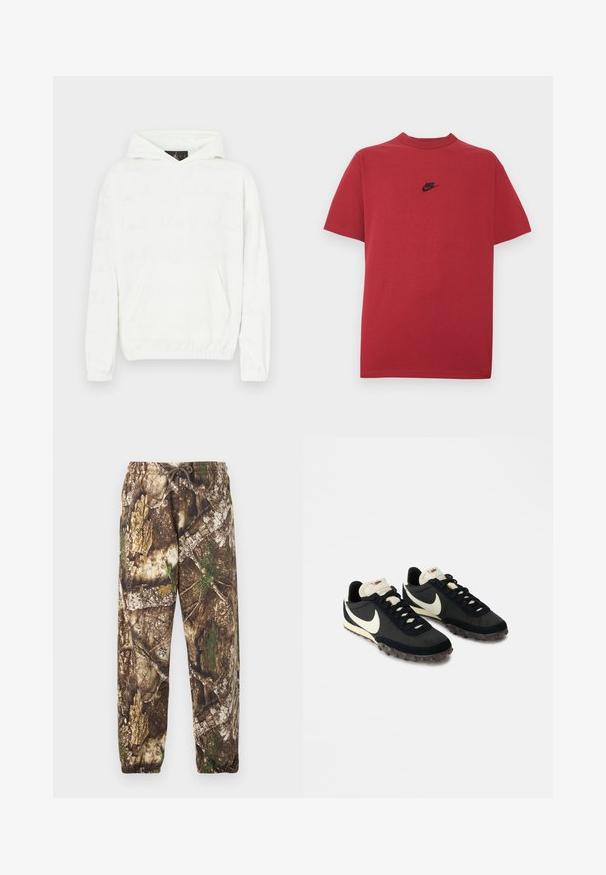 Hvid hættetrøje med blød tekstur, der har en frontlomme og et subtilt, præget tekstmønster på stoffet.; Rød bomuld t-shirt med et sort Nike-logo på brystet, korte ærmer, rund halsudskæring og almindelig pasform. Glat tekstur.; Camo sweatpants med et brunt og grønt naturligt mønster, der har en elastisk talje med snore og elastiske manchetter ved anklerne.; Sorte sportssko med en struktureret overdel, hvid swoosh-logo og gummisål med små stik til trækkraft. Elfenbensfarvet krave.