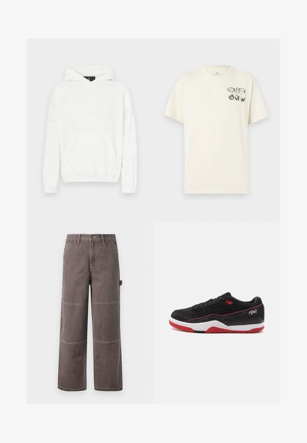 Sweat à capuche blanc avec une texture douce, doté d'une poche frontale et d'un motif discrètement en relief composé de texte sur le tissu.; T-shirt Nike couleur crème à manches courtes, avec le texte "Nature in Motion" et trois graphiques de globe placés sur le côté gauche de la poitrine.; Pantalons larges de couleur marron délavée, fabriqués en tissu durable avec des coutures contrastées. Présente des détails en panneaux et une poche latérale.; Baskets basses noires avec accents rouges, semelle blanche, et inscription « Flight » sur le côté, présentées en profil sur fond blanc.