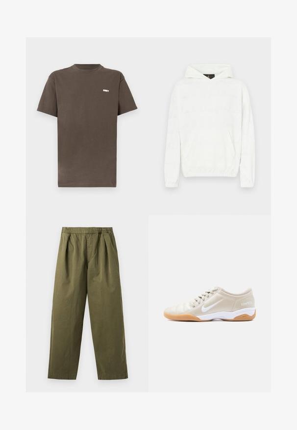 Sweat à capuche blanc avec une texture douce, doté d'une poche frontale et d'un motif discrètement en relief composé de texte sur le tissu.; T-shirt en coton marron avec un col rond et des manches courtes. Il présente un petit logo blanc "OBEY" sur la partie supérieure gauche de la poitrine.; Pantalon large vert olive avec une taille élastique et des plis sur le devant, présenté sur un fond clair.; Chaussure de football en salle Nike Total 90 III beige avec swoosh blanc, semelle intermédiaire blanche, semelle extérieure en caoutchouc naturel et lacets beiges, vue de profil.
