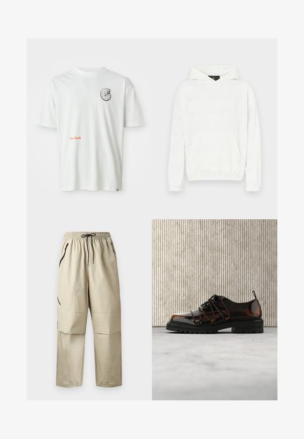 Sweat à capuche blanc avec une texture douce, doté d'une poche frontale et d'un motif discrètement en relief composé de texte sur le tissu.; T-shirt blanc à manches courtes avec un design de fossile abstrait en noir et blanc sur la poitrine gauche et le texte orange "Texas Fossils" sur le devant.; Pantalon léger beige avec taille élastique, cordon de serrage noir et poches latérales zippées, présenté de face sur un fond uni.; Chaussure en cuir marron brillant avec semelle noire épaisse et laçage unique, posée sur un tapis beige près d'un meuble arrondi orange.