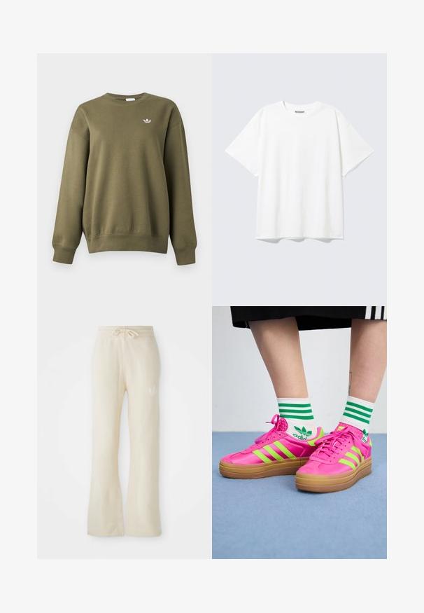 Olivovo zelená mikina s okrúhlym výstrihom, dlhými rukávmi, rebrovanými manžetami a lemom, malé biele logo Adidas trefoil na ľavej strane hrudníka.; Biele tričko s krátkym rukávom, okrúhlym výstrihom a voľným strihom s označením "WEEKDAY" na vnútornej zadnej strane goliera.; Krémové tepláky s jemnou textúrou, so šnúrkou na pás a rozšírenými nohavicami. Diskrétny logový detail na ľavom bedre.; Jasne ružové tenisky so zelenými pruhmi, gumovou podrážkou a štruktúrovaným zvrškom. Nosené s bielymi ponožkami so zelenými pruhmi a logom.