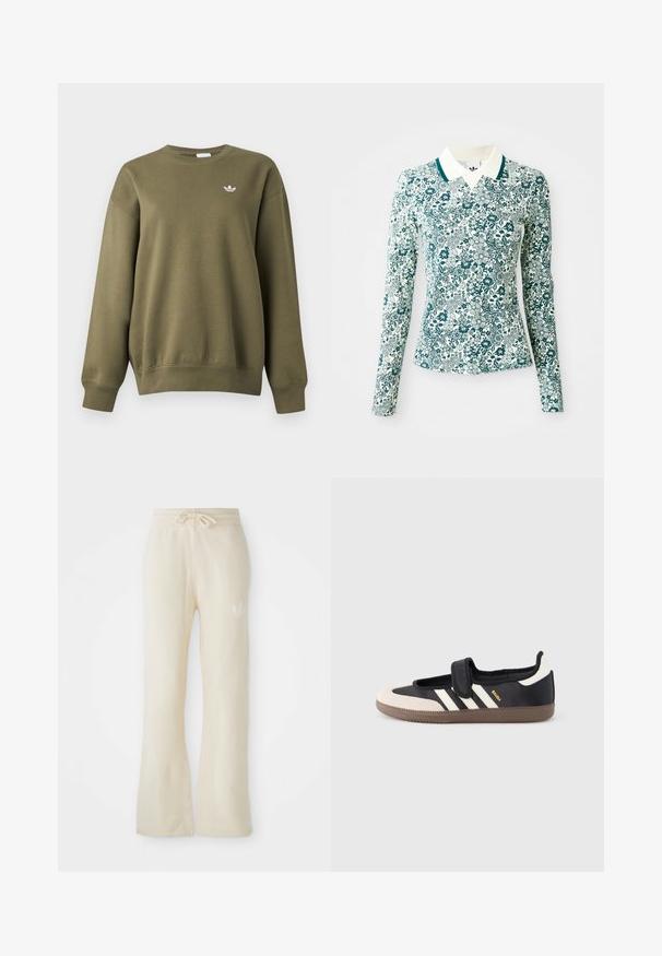 Olivengroene crewneck sweater met lange mouwen, geribbelde manchetten en zoom, klein wit Adidas trefoil-logo op de linkerborst.; Een langmouwig, getailleerd shirt met een teal en wit bloemmotief en een witte kraag met teal afwerking op een effen achtergrond.; Crème kleurige sweatpants met een zachte textuur, voorzien van een trekkoord tailleband en brede pijpen. Subtiele logo detail op de linkse heup.; Zwart-beige sneaker met een klittenbandsluiting, drie witte strepen aan de zijkant en een getextureerde bruine rubberen zool. Merkembleem zichtbaar.