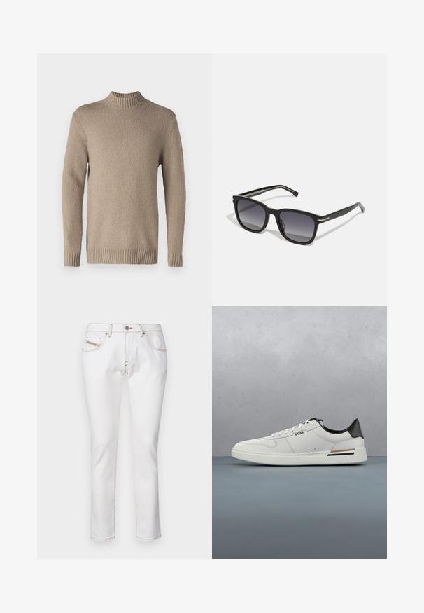 Pull en tricot beige avec une surface texturée, un col et des bretelles côtelés. Doté de manches longues et d'un ourlet droit pour un design classique.; Diesel Jean slim - white; Sneaker basse blanche avec talon noir, fermeture à lacets, perforations subtiles et logo "BOSS" sur le côté, vue depuis le profil extérieur.; BOSS Lunettes de soleil - black
