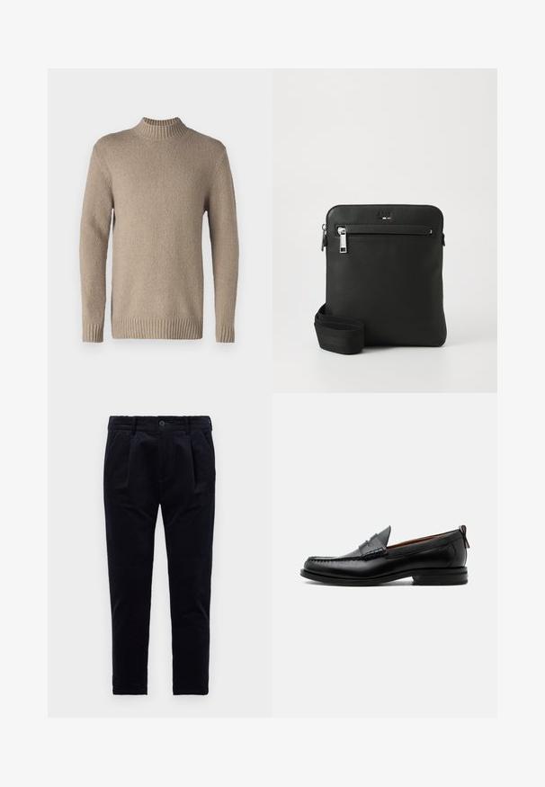 Suéter de punto beige con una superficie texturizada, cuello y puños acanalados. Cuenta con mangas largas y un dobladillo recto para un diseño clásico.; Pantalones oscuros de color navy, confeccionados en tejido texturado, con cierre de botón, pliegues y una cinturilla elástica para mayor comodidad. Diseño de pierna recta.; Mocasín de hombre de piel negra con costura moc toe, tira penny, cuello texturizado y tacón bajo apilado sobre fondo blanco.; Bolso bandolera de cuero negro con diseño plano, superficie texturizada, cierre con cremallera, bolsillo frontal y una correa de tela ajustable.