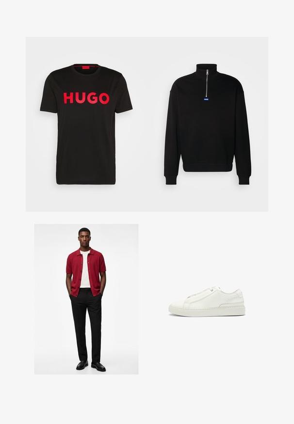 Zwarte pullover sweatshirt gemaakt van zacht materiaal, met een hoge kraag en een halve ritssluiting. Toont een blauw rechthoekig logo op de borst.; Zwarte katoenen T-shirt met op de voorkant gedurfde rode "HUGO" tekst, korte mouwen, ronde hals en een relaxte pasvorm.; Man staat met handen in zijn zakken, draagt een rood overhemd met korte mouwen en knopen, een wit T-shirt, zwarte broek en zwarte nette schoenen.; Witte leren sneaker met een gestructureerde bovenkant, een ronde neus, minimalistisch ontwerp en een rubberen zool met gestikte details.