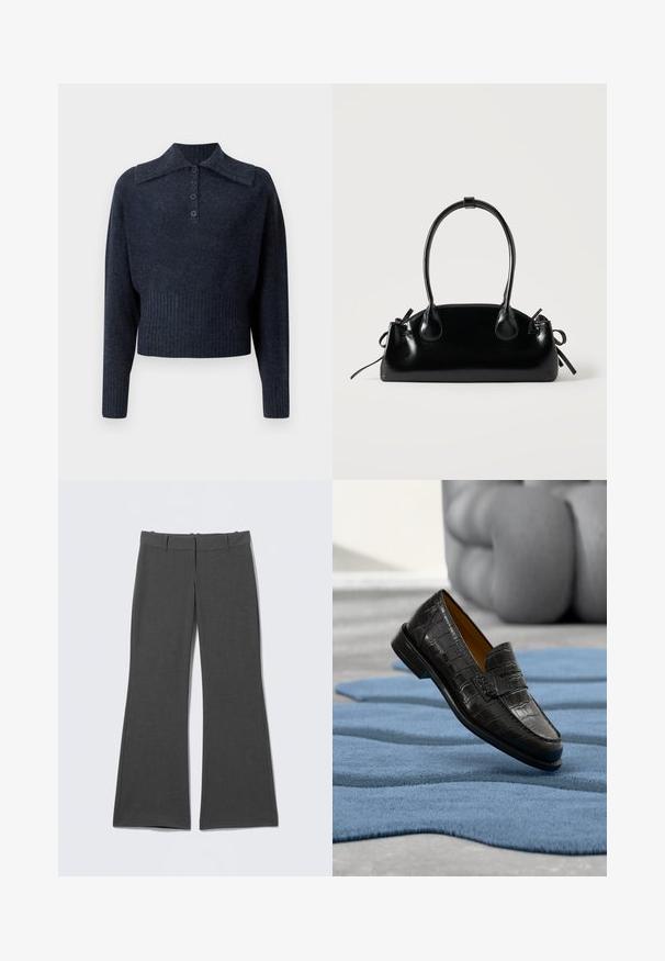 Pull en maille bleu marine cropped avec col côtelé, manches longues et patte de boutonnage à cinq boutons. Tissu à texture douce avec un léger motif chiné.; Pantalon gris évasé en tissu léger. Il présente une ceinture plate, des coutures discrètes et une texture lisse sans motifs visibles.; Mocassin en cuir noir à texture crocodile flottant au-dessus d'un tapis bleu de forme abstraite sur un sol gris clair.; Petit sac à main noir brillant avec deux longues anses et des détails à cordon sur les côtés sur un fond clair uni.