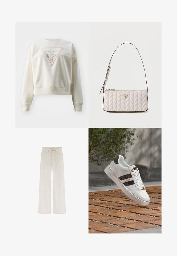 Sweatshirt couleur crème avec un design court, présentant un patch en tissu triangulaire avec le logo "GUESS" et des accents brodés.; Jean crème taille haute à jambes larges, avec poches avant, passants de ceinture et fermeture par bouton doré à la taille.; Baskets blanches Guess avec des bandes marron à motifs et des accents dorés, montrées flottant au-dessus d'une surface extérieure carrelée avec de la verdure en arrière-plan.; Petit sac bandoulière matelassé blanc avec une sangle ajustable et une plaque logo Guess dorée centrée à l'avant.