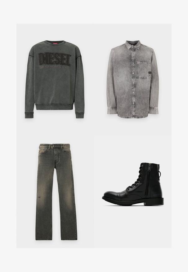 Hematietgrijze sweatshirt met lange mouwen, ribgebreide boorden en onderrand, met grote zwarte tekst "DIESEL" en daaronder kleinere tekst "For Successful Living".; Grijze denim knopsluiting overhemd, lange mouwen, stof van gemiddelde dikte, enkele borstzak, vervaagde afwerking met contrasterende knopen, klassieke kraag.; Grijze denim jeans met een losse pasvorm, voorzien van een knoopsluiting, subtiele vervaging en slijtage bij de knie. Vijfzakkenontwerp.; Zwarte leren enkellaars met een ronde neus, vetersluiting aan de voorkant, zijrits en platte zool. Bevat reliëfbranding op de hak.