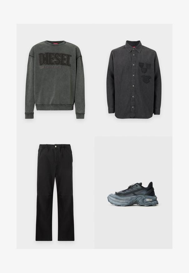 Sudadera de manga larga en gris carbón con puños y dobladillo acanalados, que presenta un gran texto negro "DIESEL" y debajo, en menor tamaño, "For Successful Living".; Camisa de mezclilla negra con cierre de botones al frente, mangas largas, cuello y tres parches bordados en el lado izquierdo del pecho. Tejido texturizado.; Pantalones negros de algodón con una cintura elástica, que cuentan con un diseño de pierna recta, textura suave y sin acentos ni patrones visibles.; Zapatilla Diesel en negro y gris con suela gruesa, cierre de cordón y diseño texturizado sobre un fondo liso de color gris claro.
