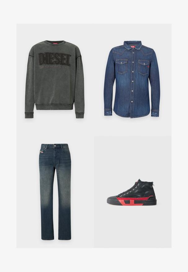 Sweat-shirt à manches longues gris charbon avec des poignets et un ourlet côtelés, affichant un grand texte noir "DIESEL" et "Pour une Vie Réussie" en plus petit en dessous.; Chemise en denim bleu foncé à manches longues, col pointu, deux poches poitrine, fermetures à boutons argentés et légères touches d'usure.; Jean en denim bleu à jambe droite avec lavage délavé, fermeture avant par bouton et fermeture éclair, et design à cinq poches.; Baskets montantes noires avec des accents rouges et une finition usée. Caractérisées par une tige en toile texturée et une semelle en caoutchouc avec un design découpé.