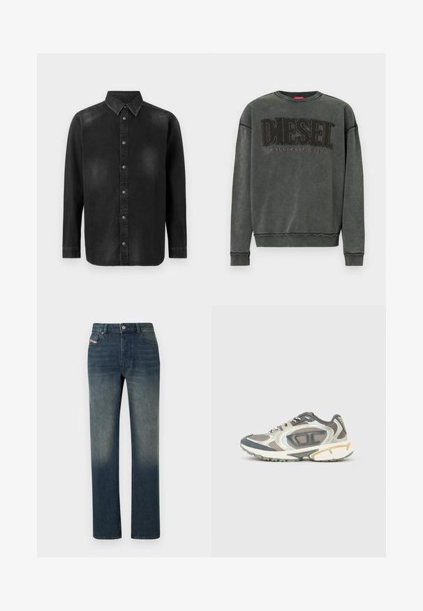 Kulgrå sweatshirt med lange ærmer, ribbede manchetter og kant, prydet med stor sort "DIESEL" tekst og mindre "For Successful Living" nedenunder.; Sort denimskjorte med button-down krave, lange ærmer og frontlukning med knapper. Har diskret falmning og en skræddersyet pasform.; Blå denimjeans med lige ben, falmet vask, forreste knap- og lynlås lukning samt fem-lomme design.; Sportssko i grå, hvide og beige materialer med en mesh-overdel, tyk sål og teksturerede accenter. Reflekterende detaljer på siderne.