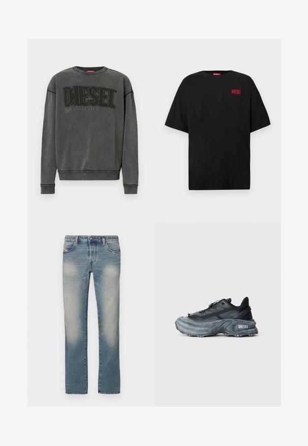 Sweat-shirt à manches longues gris charbon avec des poignets et un ourlet côtelés, affichant un grand texte noir "DIESEL" et "Pour une Vie Réussie" en plus petit en dessous.; T-shirt noir en coton, avec des manches courtes, un col rond, et un logo rouge "DIESEL" sur le côté gauche de la poitrine.; Jean droit en denim bleu clair avec zones délavées, cinq poches et fermeture à bouton. Le tissu présente de légers effets d'usure et des marques d'usure.; Baskets Diesel noires et grises avec semelle épaisse, système de laçage à bascule et design texturé sur fond gris clair uni.