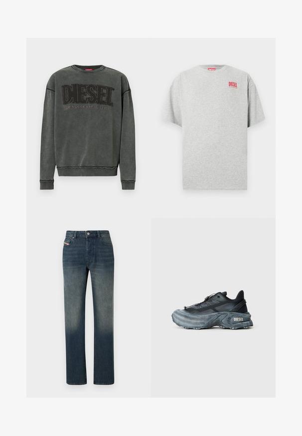 Sudadera de manga larga en gris carbón con puños y dobladillo acanalados, que presenta un gran texto negro "DIESEL" y debajo, en menor tamaño, "For Successful Living".; Camiseta de algodón gris con cuello redondo y mangas cortas. Presenta un pequeño logo rojo "DIESEL" en el pecho. Textura suave.; Vaqueros de mezclilla azul de pierna recta con lavado desvanecido, cierre frontal con botón y cremallera, y diseño de cinco bolsillos.; Zapatilla Diesel en negro y gris con suela gruesa, cierre de cordón y diseño texturizado sobre un fondo liso de color gris claro.