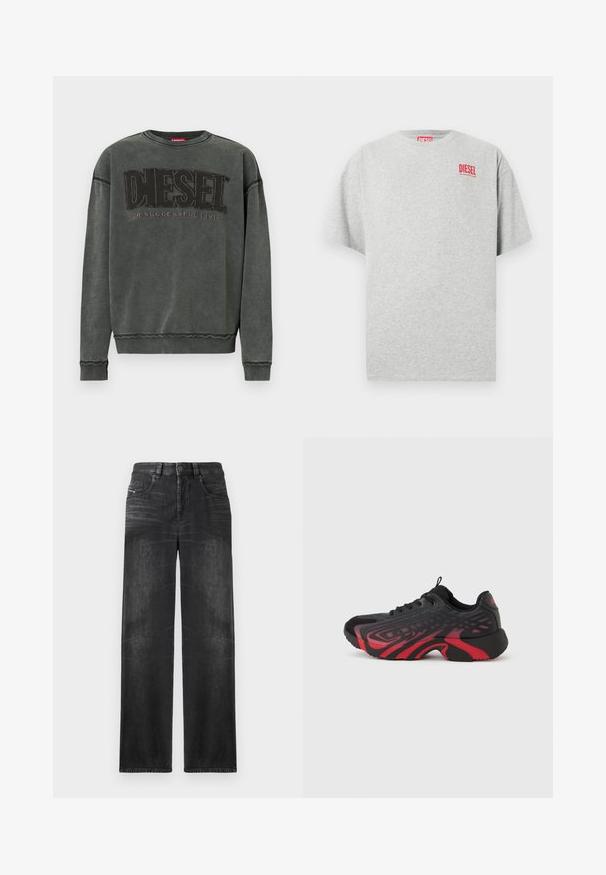 Kohlegrauer Sweatshirt mit langen Ärmeln, gerippten Bündchen und Saum, mit großen schwarzen "DIESEL"-Text und dem kleineren "For Successful Living" darunter.; Graues Baumwoll-T-Shirt mit rundem Ausschnitt und kurzen Ärmeln. Mit einem kleinen roten "DIESEL"-Logo auf der Brust. Glatte Textur.; Schwarze gerade Jeans aus Denim, mit fünf Taschen, Gürtelschlaufen und subtiler Ausbleichung des Stoffes für Textur.; Schwarz-rotfarbener Sportschuh mit strukturiertem Obermaterial und Musterdetails, Schnürverschluss und dicker Gummisohle.
