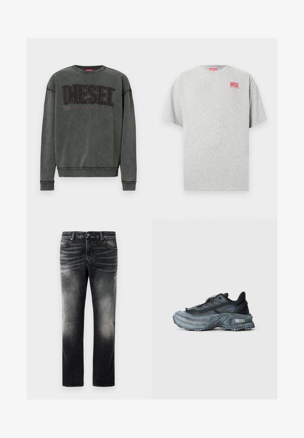 Sudadera de manga larga en gris carbón con puños y dobladillo acanalados, que presenta un gran texto negro "DIESEL" y debajo, en menor tamaño, "For Successful Living".; Camiseta de algodón gris con cuello redondo y mangas cortas. Presenta un pequeño logo rojo "DIESEL" en el pecho. Textura suave.; Jeans negros con acabado desgastado y toques rasgados, diseño estándar de cinco bolsillos y cierre con cremallera. Elaborados en tela de denim.; Zapatilla Diesel en negro y gris con suela gruesa, cierre de cordón y diseño texturizado sobre un fondo liso de color gris claro.