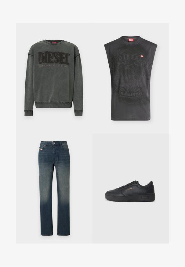 Kulgrå sweatshirt med lange ærmer, ribbede manchetter og kant, prydet med stor sort "DIESEL" tekst og mindre "For Successful Living" nedenunder.; Ærmeløs sort Diesel t-shirt med subtilt ørne-grafik og lille rød Diesel logopatch på brystet.; Blå denimjeans med lige ben, falmet vask, forreste knap- og lynlås lukning samt fem-lomme design.; Replay EPIC HIGH - Sneakers - black