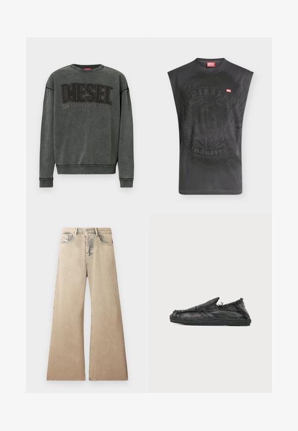 Kohlegrauer Sweatshirt mit langen Ärmeln, gerippten Bündchen und Saum, mit großen schwarzen "DIESEL"-Text und dem kleineren "For Successful Living" darunter.; Ärmelloses schwarzes Diesel-T-Shirt mit dezentem Adlermotiv und kleinem roten Diesel-Logo-Patch auf der Brust.; Beige weite Jeans mit verblichener Textur, Fünf-Taschen-Design und genähten Details entlang der Nähte. Der Bund hat einen klassischen Knopfverschluss.; Schwarzer Denim-Slipper mit ausgefransten Kanten und gewebter Sohle, von der Seite auf weißem Hintergrund gezeigt.