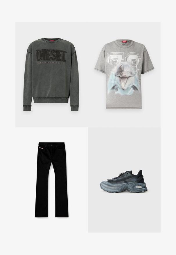 Kulgrå sweatshirt med lange ærmer, ribbede manchetter og kant, prydet med stor sort "DIESEL" tekst og mindre "For Successful Living" nedenunder.; Grå T-shirt med korte ærmer med stort hvidt "78" tryk og en detaljeret grafik af et smilende delfinhoved på forsiden.; Sorte straight-leg jeans med frontknap og lynlås, for- og baglommer samt en hvid etiket synlig i den højre forlomme.; Sort og grå Diesel sneakers med tyk sål, snørrebåndslukning og tekstureret design på en ensfarvet lysegrå baggrund.