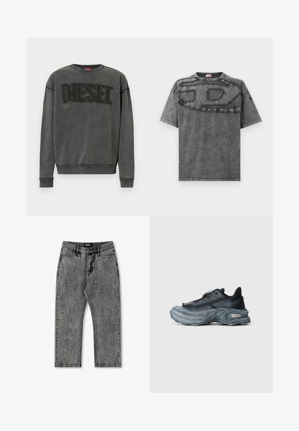 Kulgrå sweatshirt med lange ærmer, ribbede manchetter og kant, prydet med stor sort "DIESEL" tekst og mindre "For Successful Living" nedenunder.; Grå denim T-shirt med korte ærmer, der har et tekstureret patch-design henover brystet og diskrete slidte detaljer på stoffet.; Grå denim jeans med en slidset finish, lige ben og fem-lomme design. Har et label med "FORMER" på taljebåndet.; Sort og grå Diesel sneakers med tyk sål, snørrebåndslukning og tekstureret design på en ensfarvet lysegrå baggrund.