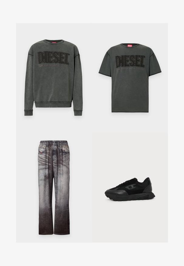 Kohlegrauer Sweatshirt mit langen Ärmeln, gerippten Bündchen und Saum, mit großen schwarzen "DIESEL"-Text und dem kleineren "For Successful Living" darunter.; Dunkelgraues Kurzarm-T-Shirt aus Baumwolle. Verfügt über ein großes schwarzes DIESEL-Logo und den Schriftzug "FOR SUCCESSFUL LIVING" in kontrastierendem Design.; Jeans mit einem verblassten Blau-zu-Grau-Gradient, elastischem Bund und seitlichen Taschen. Sie besitzen eine strukturierte Oberfläche mit subtilem Nähen.; Schwarzer Low-Top-Sneaker mit strukturierter Sohle, Mesh- und Lederoberseite, Schnürung vorne und kleinem eingeprägtem Logo auf dem Seitenpanel.