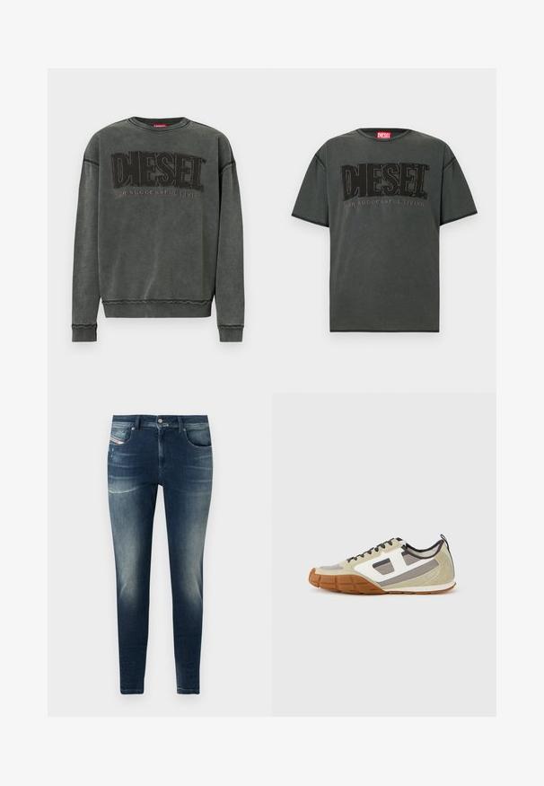 Kohlegrauer Sweatshirt mit langen Ärmeln, gerippten Bündchen und Saum, mit großen schwarzen "DIESEL"-Text und dem kleineren "For Successful Living" darunter.; Dunkelgraues Kurzarm-T-Shirt aus Baumwolle. Verfügt über ein großes schwarzes DIESEL-Logo und den Schriftzug "FOR SUCCESSFUL LIVING" in kontrastierendem Design.; Dunkelblaue Denim-Jeans mit Slim-Fit, ausgestattet mit einem ausgewaschenen Look, leichten Abschürfungen und klassischem Fünf-Taschen-Design.; Athletische Sneakers mit einem beigen Obermaterial, grauen und weißen Akzenten, strukturiertem Wildleder und einer gemusterten Gummisohle. Braune Schnürsenkel und eine Zuglasche sind enthalten.
