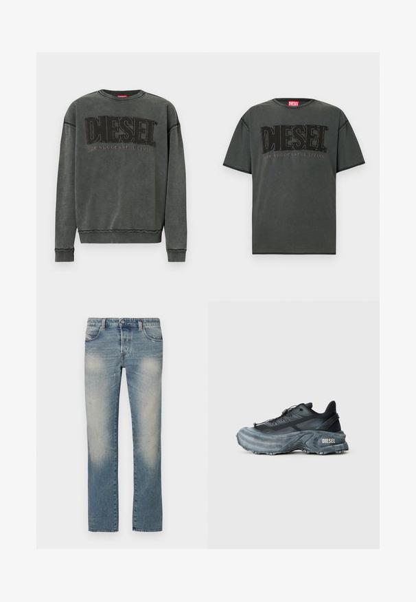 Kulgrå sweatshirt med lange ærmer, ribbede manchetter og kant, prydet med stor sort "DIESEL" tekst og mindre "For Successful Living" nedenunder.; Mørkegrå t-shirt med korte ærmer lavet af bomuld. Har et stort sort DIESEL-logo og teksten "FOR SUCCESSFUL LIVING" i et kontrasterende design.; Lyseblå denim jeans med lige ben, falmede områder, fem lommer og knaplukning. Stoffet viser let slid og brugsmærker.; Sort og grå Diesel sneakers med tyk sål, snørrebåndslukning og tekstureret design på en ensfarvet lysegrå baggrund.