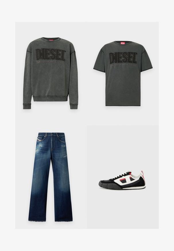 Kohlegrauer Sweatshirt mit langen Ärmeln, gerippten Bündchen und Saum, mit großen schwarzen "DIESEL"-Text und dem kleineren "For Successful Living" darunter.; Dunkelgraues Kurzarm-T-Shirt aus Baumwolle. Verfügt über ein großes schwarzes DIESEL-Logo und den Schriftzug "FOR SUCCESSFUL LIVING" in kontrastierendem Design.; Weite Jeans aus Denim in Dunkelblau mit ausgebleichten Stellen, abgenutzten Details und fransigen Säumen. Vier Taschen und ein Knopfverschluss.; Diesel S PAGODHA LOW - Sneaker low - black
