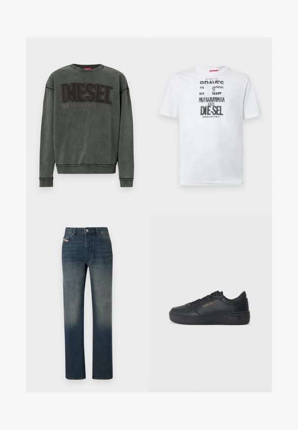 Kulgrå sweatshirt med lange ærmer, ribbede manchetter og kant, prydet med stor sort "DIESEL" tekst og mindre "For Successful Living" nedenunder.; Hvid bomulds-T-shirt med fed sort typografi med ordene "BRAVES" og "DIE-SEL INDUSTRY" samt et semi-transparent udskåret design.; Blå denimjeans med lige ben, falmet vask, forreste knap- og lynlås lukning samt fem-lomme design.; Replay EPIC HIGH - Sneakers - black