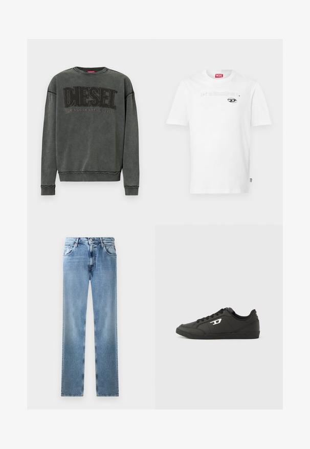 Kohlegrauer Sweatshirt mit langen Ärmeln, gerippten Bündchen und Saum, mit großen schwarzen "DIESEL"-Text und dem kleineren "For Successful Living" darunter.; Weißes Baumwoll-T-Shirt mit Rundhalsausschnitt und kurzen Ärmeln, mit einem schwarzen Druckmotiv und dem Markennamen "DIESEL", der zentriert über einer Augengrafik platziert ist.; Helle blaue Denim-Jeans mit geradem Bein, Taschen, Kupferriegeln und Knopfverschluss. Sie zeichnen sich durch ein verblasstes Design und einen sauberen Saum aus.; Schwarze Sneakers aus synthetischem Material mit einer strukturierten schwarzen Sohle, rundem Zehenbereich und flachen schwarzen Schnürsenkeln. Auffälliges weißes Logo auf der Außenseite.