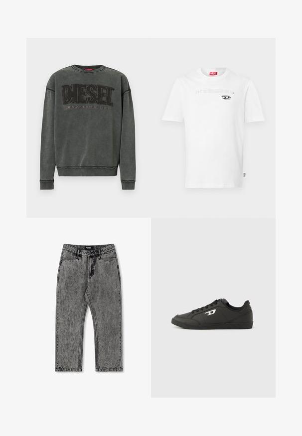 Sudadera de manga larga en gris carbón con puños y dobladillo acanalados, que presenta un gran texto negro "DIESEL" y debajo, en menor tamaño, "For Successful Living".; Camiseta blanca de algodón con cuello redondo y mangas cortas, con un diseño impreso en negro y el nombre de la marca "DIESEL" centrado encima de un gráfico de un ojo.; Jeans de mezclilla gris con un acabado desgastado, diseño de pierna recta y estilo de cinco bolsillos. Presenta una etiqueta con "FORMER" en la cinturilla.; Zapatillas deportivas negras sintéticas con suela negra texturizada, puntera redonda y cordones planos negros. Destaca un logo blanco en el lateral exterior.