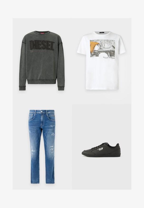 Kulgrå sweatshirt med lange ærmer, ribbede manchetter og kant, prydet med stor sort "DIESEL" tekst og mindre "For Successful Living" nedenunder.; Hvid T-shirt med korte ærmer med sort-hvidt motorcykelmotiv, orange leopardmønstret stof og teksten "Replay Custom Garage" på forsiden.; Denim jeans i en lys blå vask med almindelig pasform. Har slidte detaljer og subtilt slid ved lommerne og knæene.; Sorte syntetiske sneakers med en struktureret sort sål, rund tå og flade sorte snørebånd. Fremtrædende hvidt logo på ydersiden.