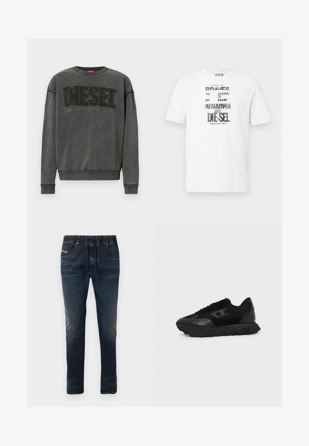 Sweat-shirt à manches longues gris charbon avec des poignets et un ourlet côtelés, affichant un grand texte noir "DIESEL" et "Pour une Vie Réussie" en plus petit en dessous.; T-shirt Diesel blanc à manches courtes avec texte graphique noir et blanc et logo sur le devant, col rond et étiquette logo rouge sur la couture latérale.; Jean en denim bleu foncé avec une taille élastique, une fermeture à cordon de serrage et cinq poches. Texture lisse avec un léger effet délavé.; Baskets basses noires avec semelle texturée, dessus en mesh et cuir, fermeture à lacets devant, et petit logo embossé sur le panneau latéral.