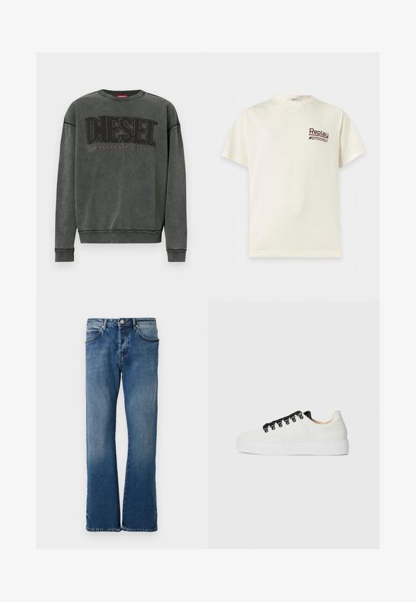 Hematietgrijze sweatshirt met lange mouwen, ribgebreide boorden en onderrand, met grote zwarte tekst "DIESEL" en daaronder kleinere tekst "For Successful Living".; Roomkleurig T-shirt met korte mouwen en een ronde hals met "Replay Motocicli" gedrukt in kleine donkere letters op de linkerborst.; Lichtblauwe denim jeans met een rechte pijpontwerp, voorzien van vijf zakken, een knoopsluiting en subtiele vervagingen op de stof.; Witte lage sneakers met dikke zool, zwarte veterhaken, zwarte veters en beigerugvoering op een effen witte achtergrond.