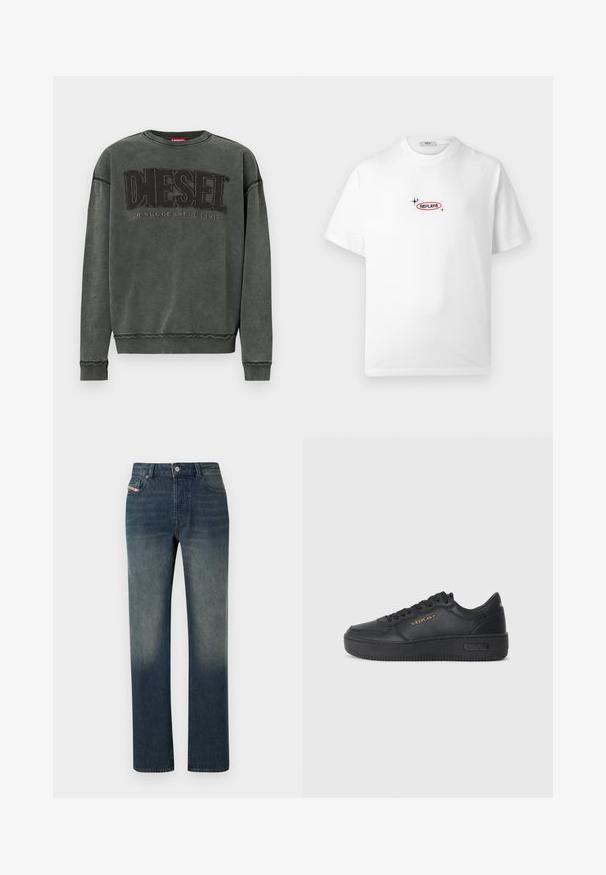 Sudadera de manga larga en gris carbón con puños y dobladillo acanalados, que presenta un gran texto negro "DIESEL" y debajo, en menor tamaño, "For Successful Living".; Camiseta blanca de manga corta con pequeño logo "REPLAY®" en negro con contorno rojo y dos iconos de brillo negro en el pecho.; Vaqueros de mezclilla azul de pierna recta con lavado desvanecido, cierre frontal con botón y cremallera, y diseño de cinco bolsillos.; Replay EPIC HIGH - Zapatillas - black