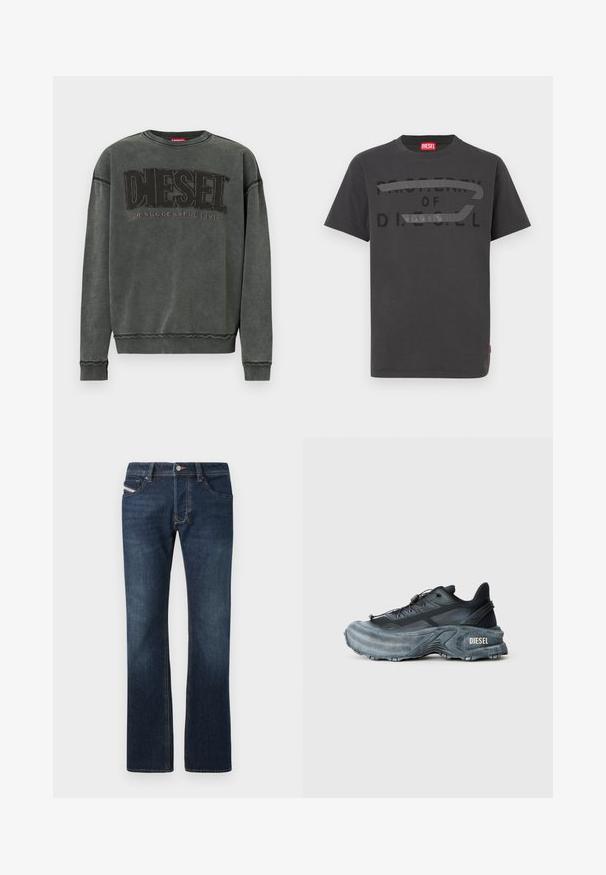 Sudadera de manga larga en gris carbón con puños y dobladillo acanalados, que presenta un gran texto negro "DIESEL" y debajo, en menor tamaño, "For Successful Living".; Camiseta de algodón gris con texto negro en negrita que dice "PROPIEDAD DE D.I.E.S.E.L.", textura suave y mangas cortas.; Jeans de mezclilla azul oscuro con corte recto, cinco bolsillos y detalles de costura sutiles. Cuenta con cierre de botón metálico y cremallera.; Zapatilla Diesel en negro y gris con suela gruesa, cierre de cordón y diseño texturizado sobre un fondo liso de color gris claro.