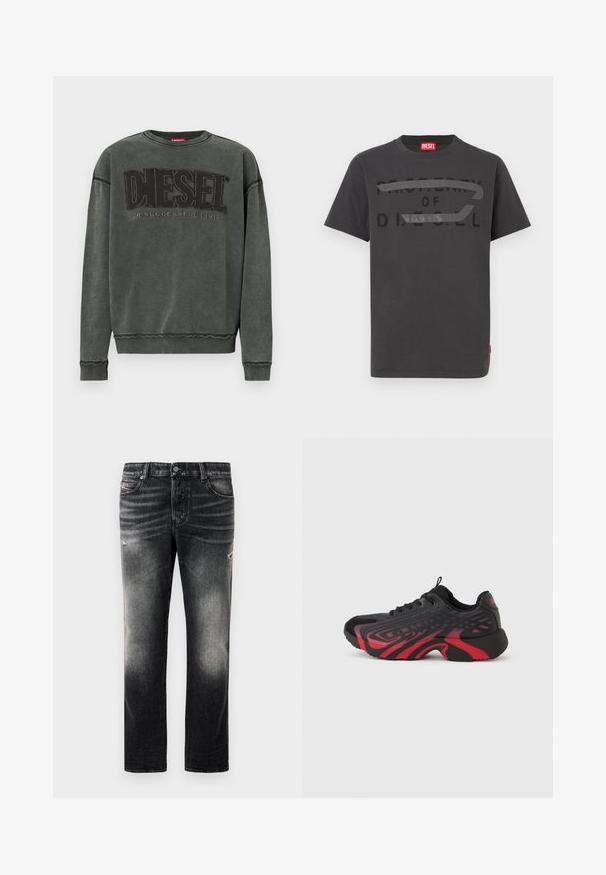 Sudadera de manga larga en gris carbón con puños y dobladillo acanalados, que presenta un gran texto negro "DIESEL" y debajo, en menor tamaño, "For Successful Living".; Camiseta de algodón gris con texto negro en negrita que dice "PROPIEDAD DE D.I.E.S.E.L.", textura suave y mangas cortas.; Jeans negros con acabado desgastado y toques rasgados, diseño estándar de cinco bolsillos y cierre con cremallera. Elaborados en tela de denim.; Zapatilla deportiva negra y roja con parte superior texturizada con detalles en patrón, cierre de cordones y suela gruesa de goma.