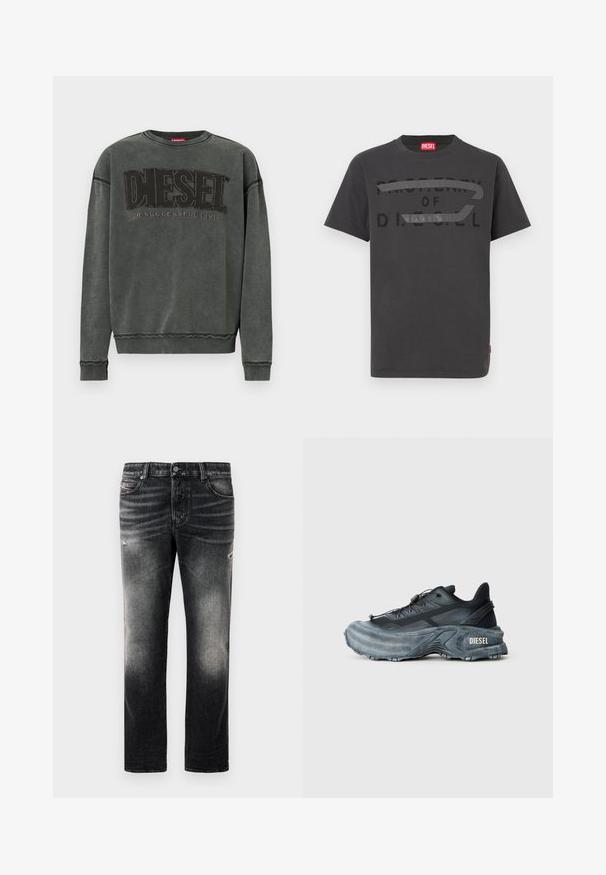 Sudadera de manga larga en gris carbón con puños y dobladillo acanalados, que presenta un gran texto negro "DIESEL" y debajo, en menor tamaño, "For Successful Living".; Camiseta de algodón gris con texto negro en negrita que dice "PROPIEDAD DE D.I.E.S.E.L.", textura suave y mangas cortas.; Jeans negros con acabado desgastado y toques rasgados, diseño estándar de cinco bolsillos y cierre con cremallera. Elaborados en tela de denim.; Zapatilla Diesel en negro y gris con suela gruesa, cierre de cordón y diseño texturizado sobre un fondo liso de color gris claro.