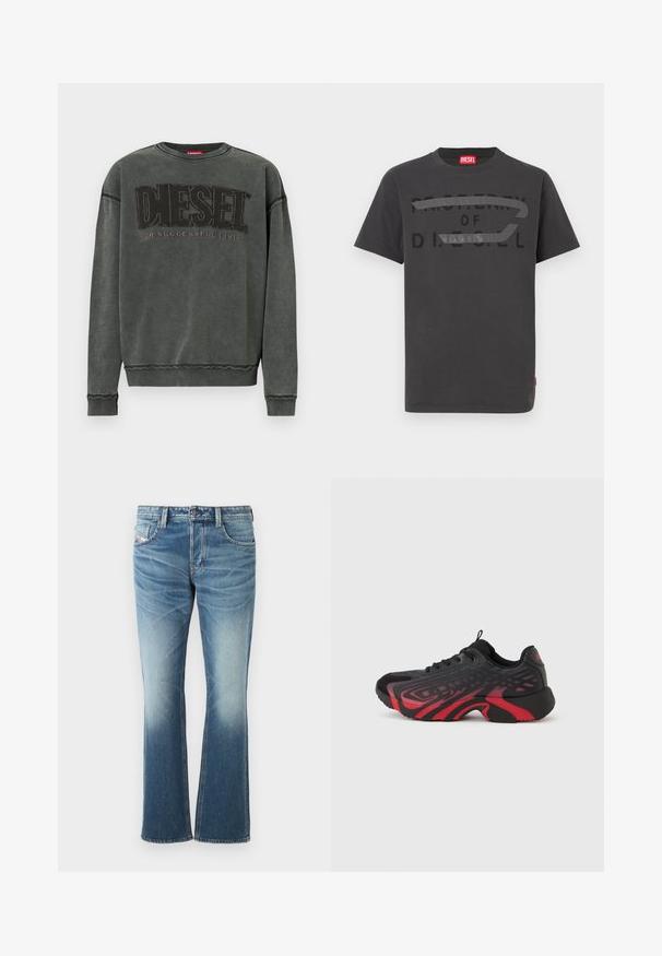Kulgrå sweatshirt med lange ærmer, ribbede manchetter og kant, prydet med stor sort "DIESEL" tekst og mindre "For Successful Living" nedenunder.; Grå bomulds-T-shirt med fed sort tekst, der lyder "PROPERTY OF D.I.E.S.E.L.", med en glat tekstur og korte ærmer.; Blå denim jeans med en flared design, der har en falmet vask, fem lommer og kontrastsy. Knaplukning i taljen.; Sort og rød atletik sko med tekstureret overdel med mønsterdetaljer, snørelukning og tyk gummisål.