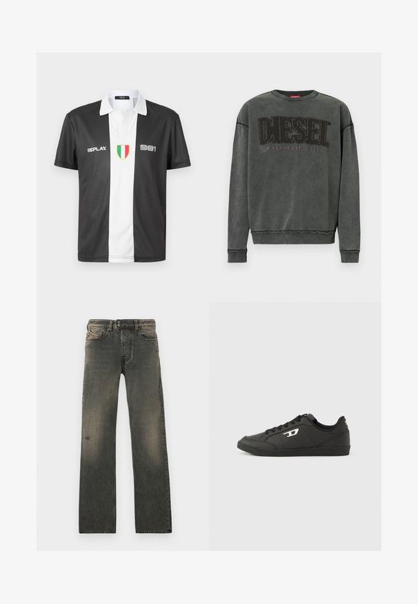Sudadera de manga larga en gris carbón con puños y dobladillo acanalados, que presenta un gran texto negro "DIESEL" y debajo, en menor tamaño, "For Successful Living".; Polo de manga corta en blanco y negro con cuello, que presenta el logo "REPLAY", el número "981" y un emblema de la bandera italiana en la parte frontal.; Vaqueros de mezclilla gris con un corte holgado, con cierre de botón, sutil desgaste y rasgaduras cerca de la rodilla. Diseño de cinco bolsillos.; Zapatillas deportivas negras sintéticas con suela negra texturizada, puntera redonda y cordones planos negros. Destaca un logo blanco en el lateral exterior.