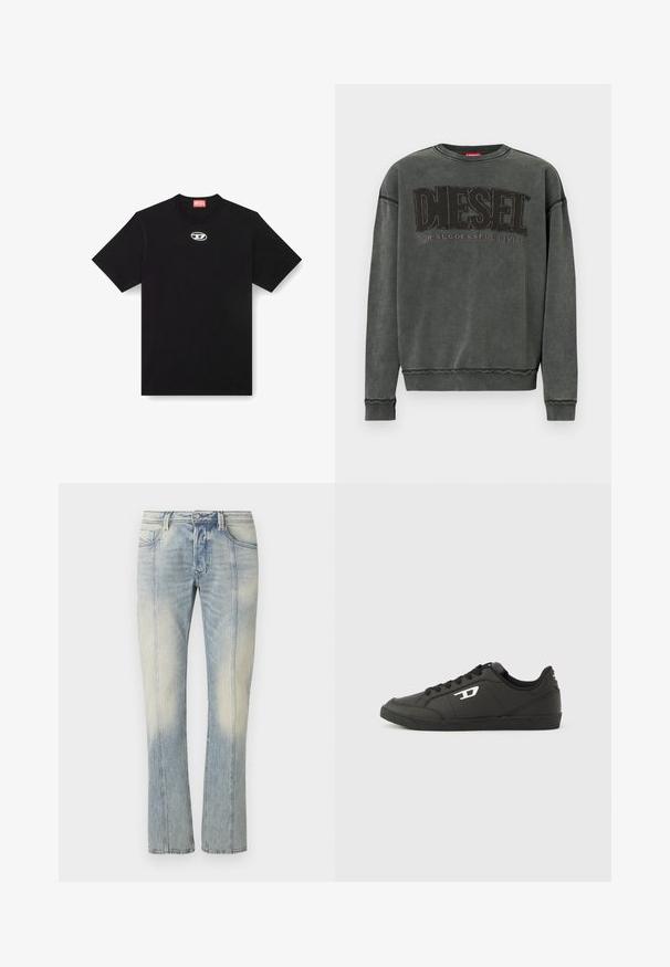 Sudadera de manga larga en gris carbón con puños y dobladillo acanalados, que presenta un gran texto negro "DIESEL" y debajo, en menor tamaño, "For Successful Living".; Camiseta de algodón negra con cuello redondo y mangas cortas. Presenta un pequeño logotipo plateado bordado en el centro del frente.; Jeans de mezclilla azul claro con diseño de pierna recta, con costuras dobles, bolsillos frontales y acabado desteñido. Sin marcas visibles.; Zapatillas deportivas negras sintéticas con suela negra texturizada, puntera redonda y cordones planos negros. Destaca un logo blanco en el lateral exterior.