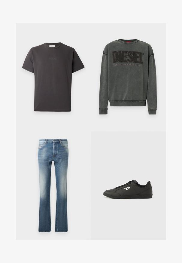 Kulgrå sweatshirt med lange ærmer, ribbede manchetter og kant, prydet med stor sort "DIESEL" tekst og mindre "For Successful Living" nedenunder.; Mørkegrå kortærmet bomulds-t-shirt med et diskret reliefprint af "REPLAY" logoet foran. Rund halsudskæring og afslappet pasform.; Lyseblå denim flared jeans med fem lommer, let falmende på lårene og et standard bælteliv med bæltestropper.; Sorte syntetiske sneakers med en struktureret sort sål, rund tå og flade sorte snørebånd. Fremtrædende hvidt logo på ydersiden.