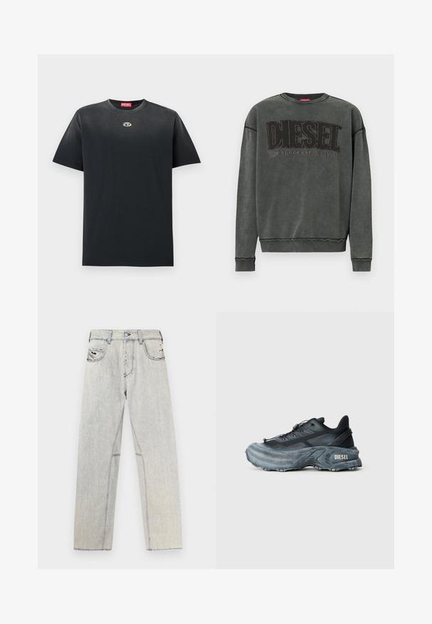 Sudadera de manga larga en gris carbón con puños y dobladillo acanalados, que presenta un gran texto negro "DIESEL" y debajo, en menor tamaño, "For Successful Living".; Camiseta de algodón negra con cuello redondo, corte holgado, mangas cortas y un pequeño logo plateado en el pecho. Textura suave, diseño minimalista.; Vaqueros de mezclilla azul claro con corte recto, con costuras contrastantes, dos bolsillos frontales y detalles desgastados en la tela.; Zapatilla Diesel en negro y gris con suela gruesa, cierre de cordón y diseño texturizado sobre un fondo liso de color gris claro.