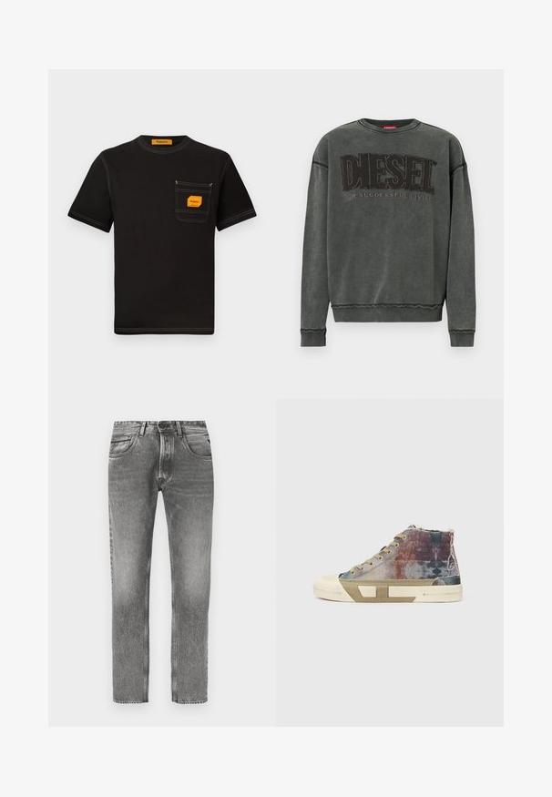 Kohlegrauer Sweatshirt mit langen Ärmeln, gerippten Bündchen und Saum, mit großen schwarzen "DIESEL"-Text und dem kleineren "For Successful Living" darunter.; Schwarzes Baumwoll-T-Shirt mit Rundhalsausschnitt, kurzen Ärmeln und einer Brusttasche, die ein oranges Etikett und kontrastierende Nähte aufweist.; Graue Jeans aus Denim mit geradem Bein, einem ausgewaschenen Finish, fünf Taschen, Gürtelschlaufen und kontrastierenden Steppnähten.; High-Top-Sneaker mit einem mehrfarbigen Canvas-Obermaterial mit verblassten Mustern, beiger Sohle und minimalistischem Design. Sichtbare Nähte und Akzente.