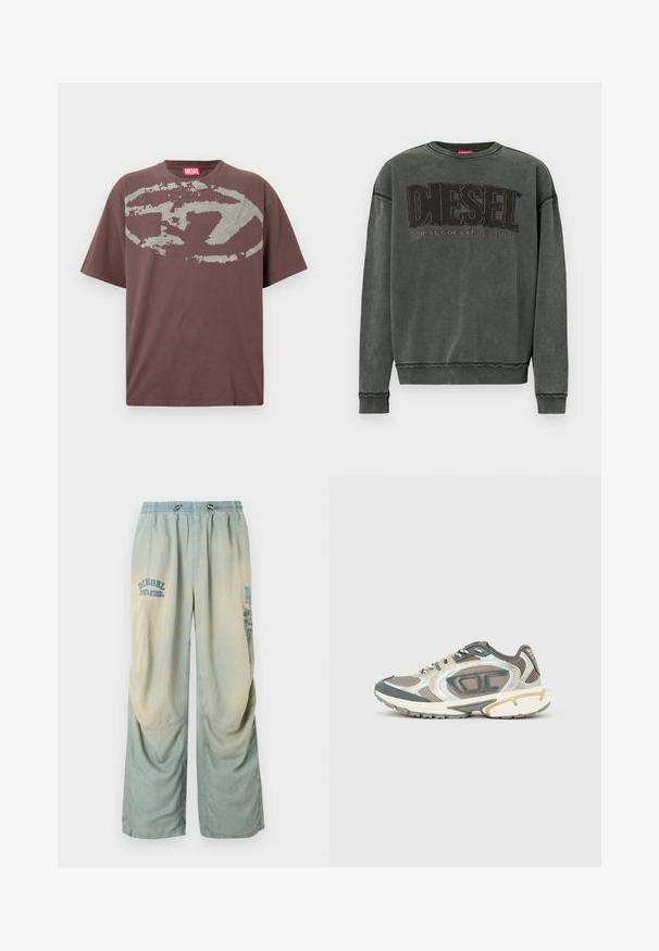 Sweat-shirt à manches longues gris charbon avec des poignets et un ourlet côtelés, affichant un grand texte noir "DIESEL" et "Pour une Vie Réussie" en plus petit en dessous.; T-shirt marron à manches courtes avec un grand graphique ovale gris usé et une étiquette de marque Diesel rouge à l'intérieur du col.; Pantalon large en denim bleu clair et beige avec taille élastique, cordon de serrage, et logos « Diesel » délavés sur les jambes supérieures gauche et droite.; Chaussures de sport en matériaux gris, blanc et beige, dotées d'une tige en mesh, d'une semelle épaisse et d'accents texturés. Détails réfléchissants sur les côtés.