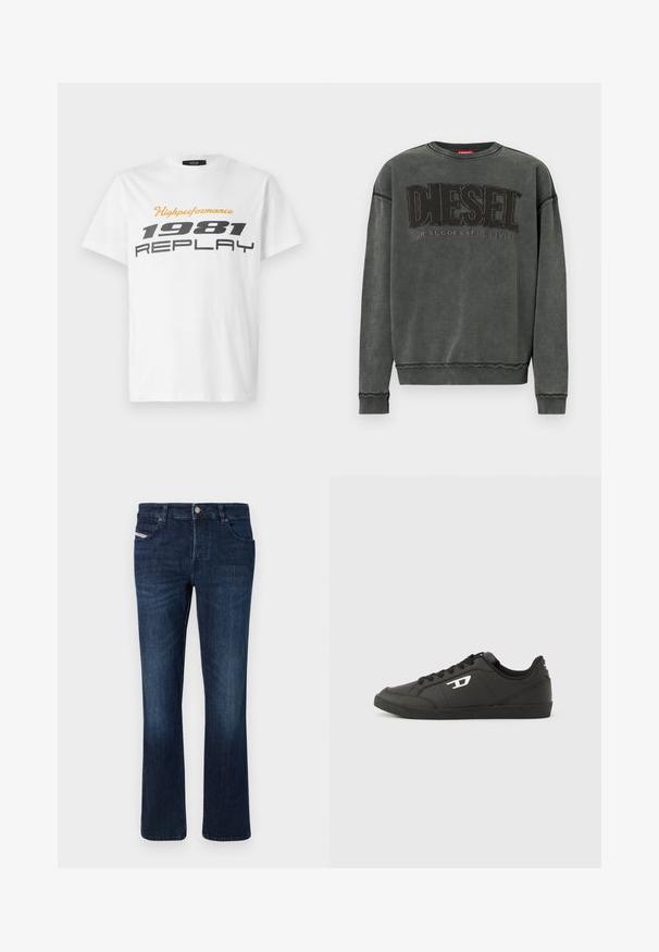 Sudadera de manga larga en gris carbón con puños y dobladillo acanalados, que presenta un gran texto negro "DIESEL" y debajo, en menor tamaño, "For Successful Living".; Replay SHORT SLEEVE GRAPHIC - Camiseta estampada - natural white; Jeans de mezclilla en azul oscuro con un corte recto. Presentan cinco bolsillos, un cierre con botón de metal y un sutil bordado en el bolsillo trasero.; Zapatillas deportivas negras sintéticas con suela negra texturizada, puntera redonda y cordones planos negros. Destaca un logo blanco en el lateral exterior.