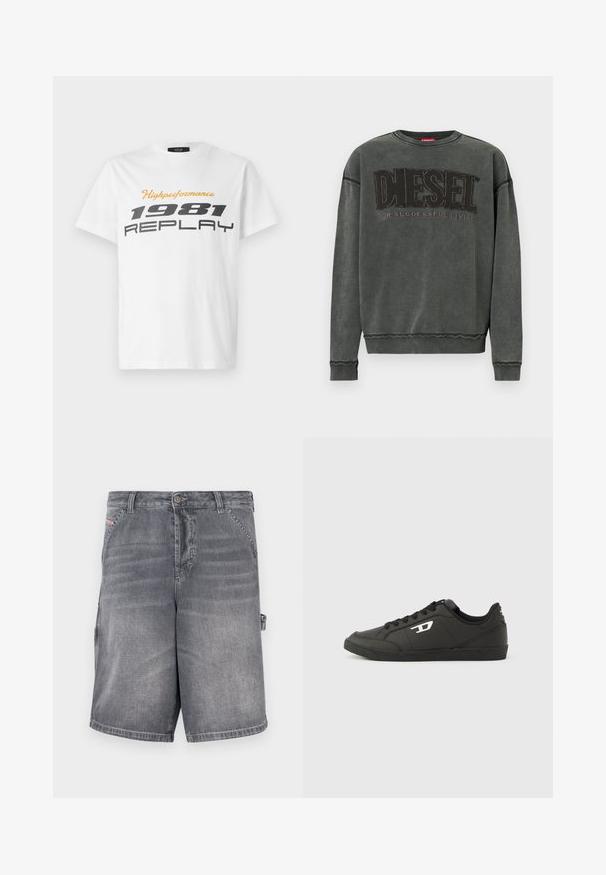 Harmaa pitkähihainen collegepaita ribba-reunaosilla, jossa on suuri musta "DIESEL" -teksti ja pienempi "For Successful Living" sen alla.; Replay SHORT SLEEVE GRAPHIC - Printtipaita - natural white; Harmaat farkkushortsit, joissa on suora leikkaus, viisi taskua ja ommeltu yksityiskohta. Varustettu nappisuljinnalla ja sivulla oleva säätösilmukalla.; Mustat synteettiset tennarit, joissa on teksturoitu musta pohja, pyöreä kärki ja tasaiset mustat nauhat. Ulkosivulla näkyvä valkoinen logo on merkittävä yksityiskohta.