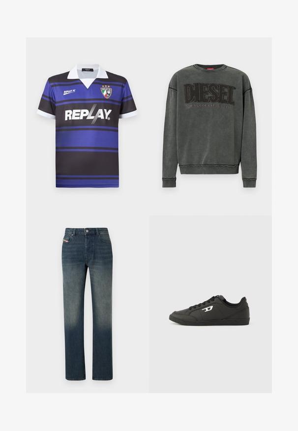 Sudadera de manga larga en gris carbón con puños y dobladillo acanalados, que presenta un gran texto negro "DIESEL" y debajo, en menor tamaño, "For Successful Living".; Camisa de fútbol negra y azul con rayas horizontales, cuello blanco y logo "REPLAY". Presenta un emblema de escudo con estrellas encima.; Vaqueros de mezclilla azul de pierna recta con lavado desvanecido, cierre frontal con botón y cremallera, y diseño de cinco bolsillos.; Zapatillas deportivas negras sintéticas con suela negra texturizada, puntera redonda y cordones planos negros. Destaca un logo blanco en el lateral exterior.